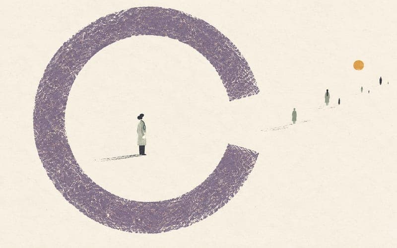 A large incomplete circle surrounding a small figure, with a generous open gap left in the ring