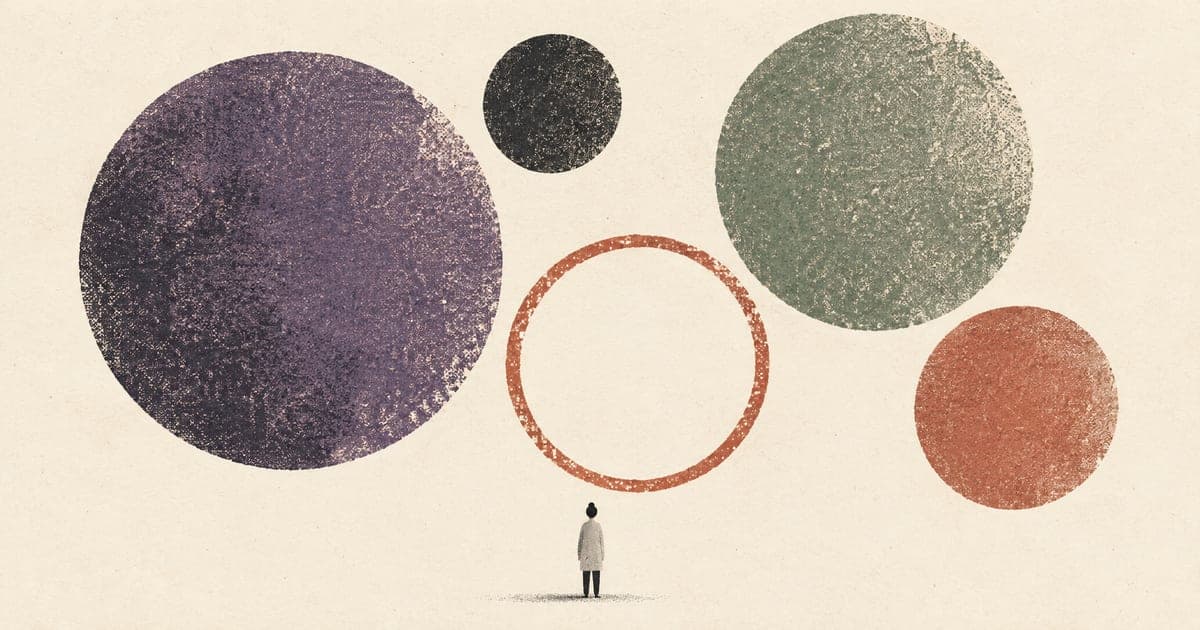 A tiny clinician standing beneath several differently weighted circles on a wide cream field