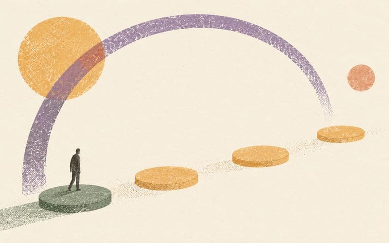 A tiny figure beside stepping stones that gradually spread apart beneath an open violet arc