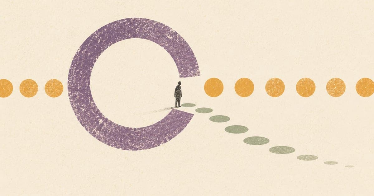 A tiny practitioner beside an open violet ring, with amber circles and a curving sage path