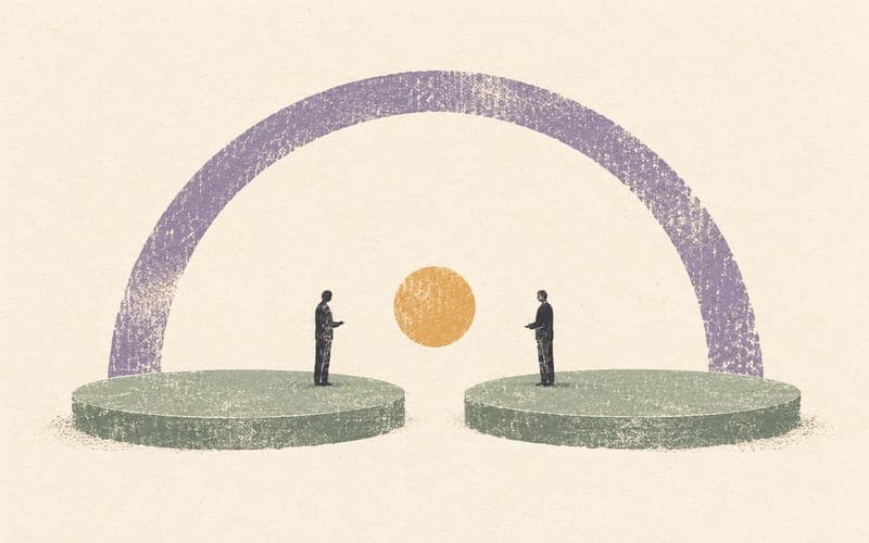 Two tiny figures on separate sage circles facing one another beneath a shared open violet arch
