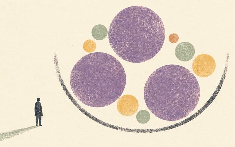 A tiny clinician beside large violet circles with smaller sage and amber forms occupying the spaces between