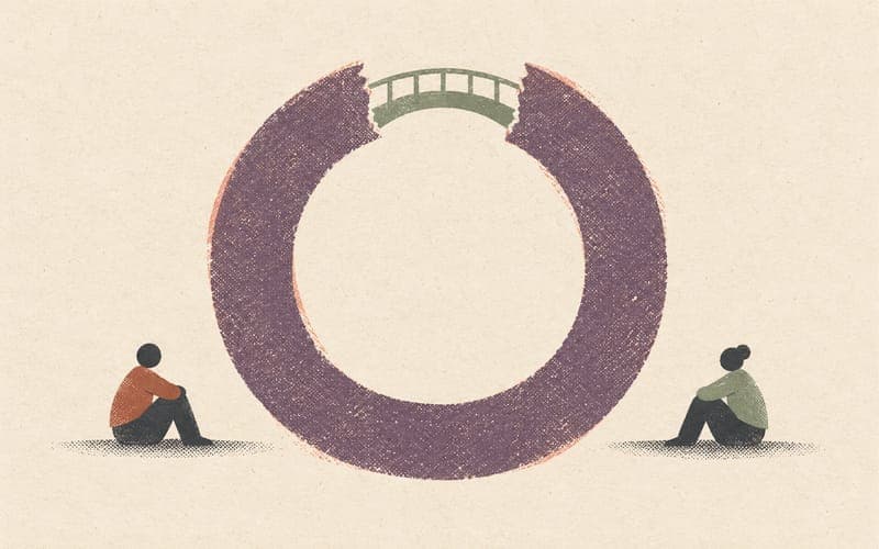 Two people on opposite sides of a strained alliance with a small bridge reconnecting the break