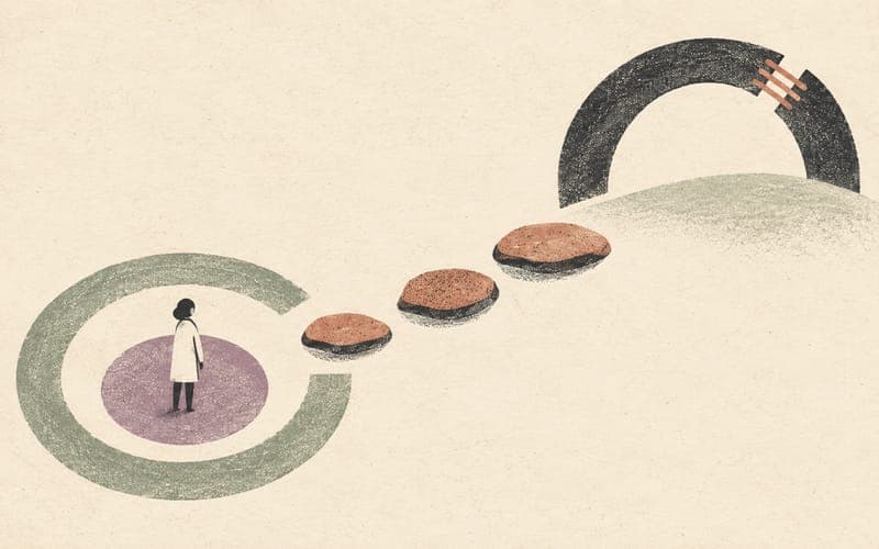A clinician moving from a supported reflective space toward a visibly repaired professional system