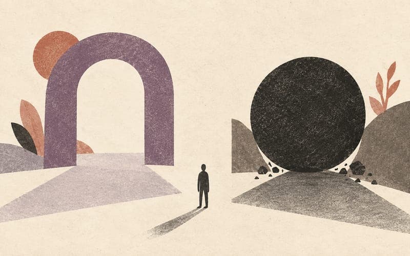 A small figure between an open arch and a closing circle, representing an environment that can support or punish skill use