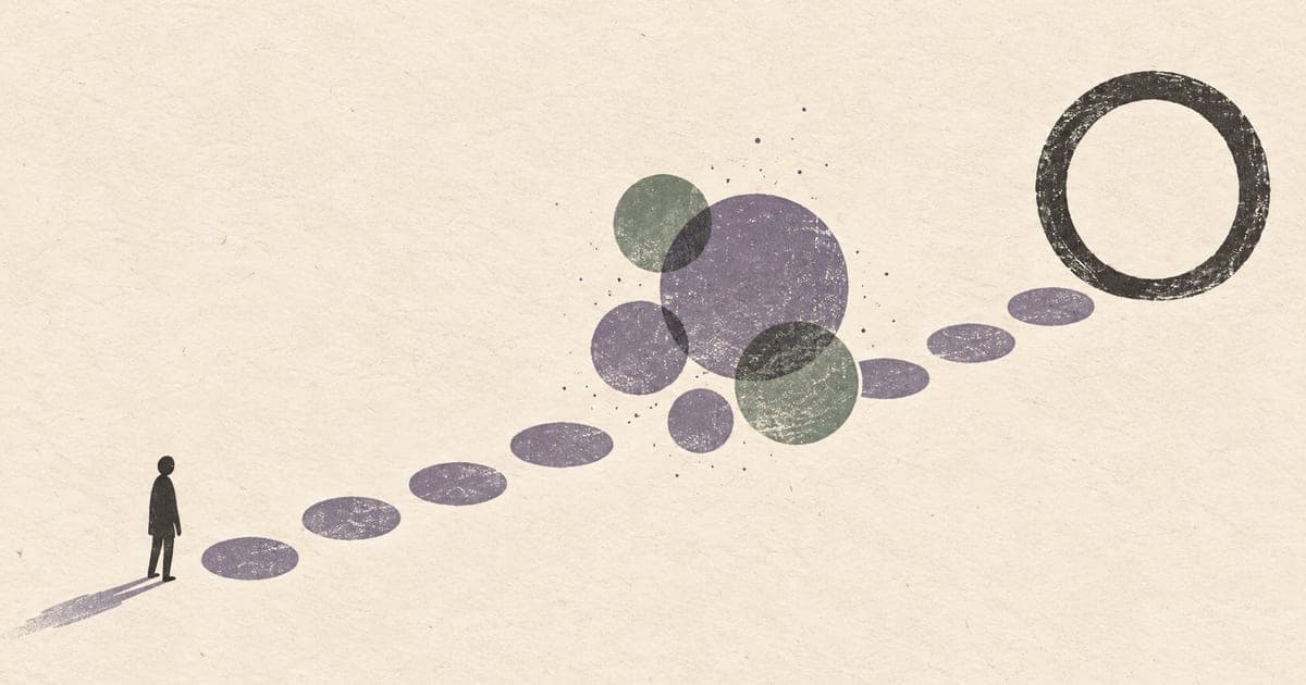 A small figure separated from a familiar pathway by a field of shifting circles