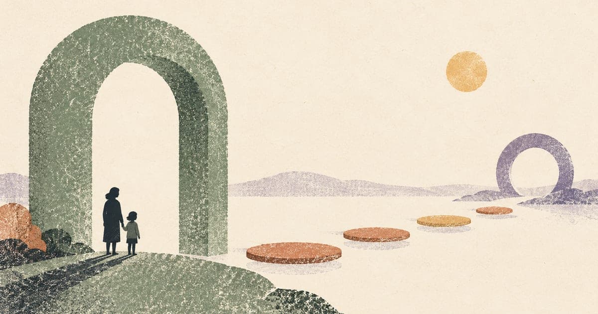 A child and supporting adult standing beside an open arch with a pathway of textured stepping stones