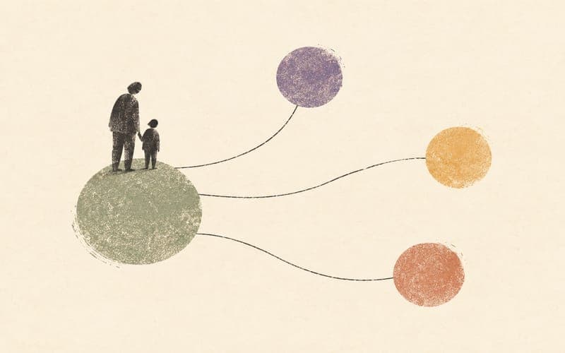 Two small figures beside a large grounding circle and connected smaller circles, suggesting navigation between supports
