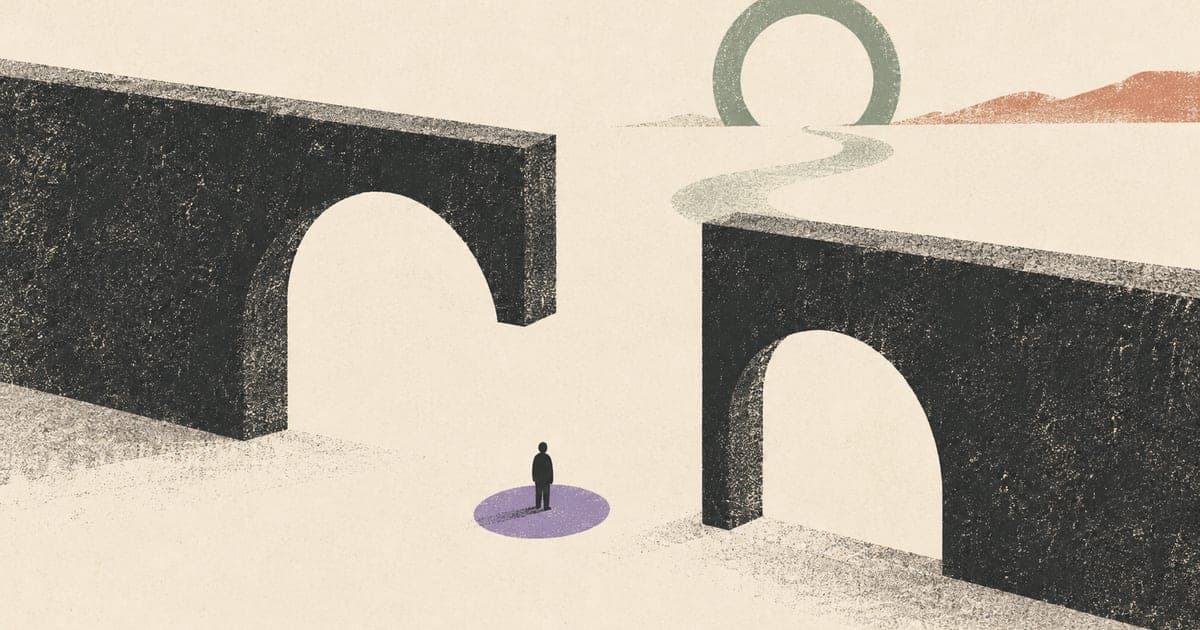 Editorial illustration of psychology training gatekeeping, with a small panel of professionals connected by role-lines to files and a trainee standing at a narrow doorway