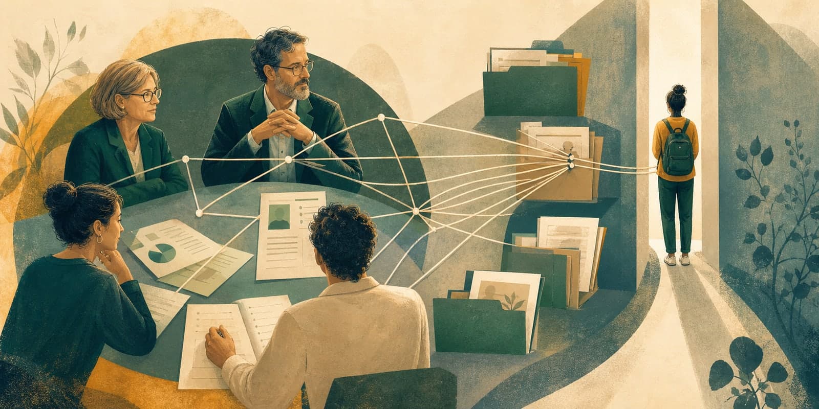 Editorial illustration of psychology training gatekeeping, with a small panel of professionals connected by role-lines to files and a trainee standing at a narrow doorway