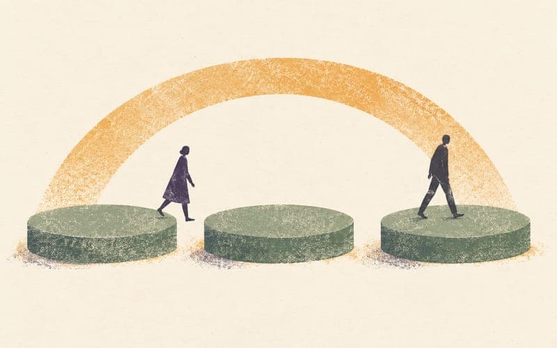 Two small figures on broad circular platforms beneath an open arch, suggesting a supported training pathway.