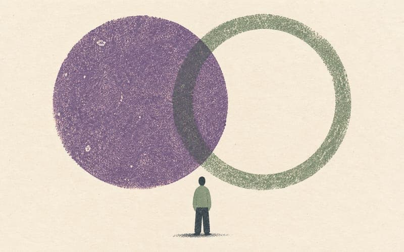 A small figure between two overlapping textured circles, representing high ability and disability coexisting