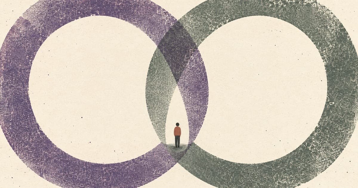 A tiny figure standing where two large textured circles overlap on a cream field