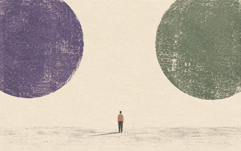A small figure standing outside two distant circles, suggesting exclusion from both strength-based and disability-based recognition