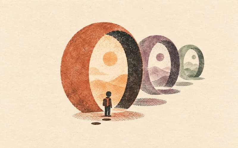 Three small figures at separate devices in a circle arrangement, connected by a shared game world above them, Risograph editorial illustration in terracotta and charcoal on warm cream