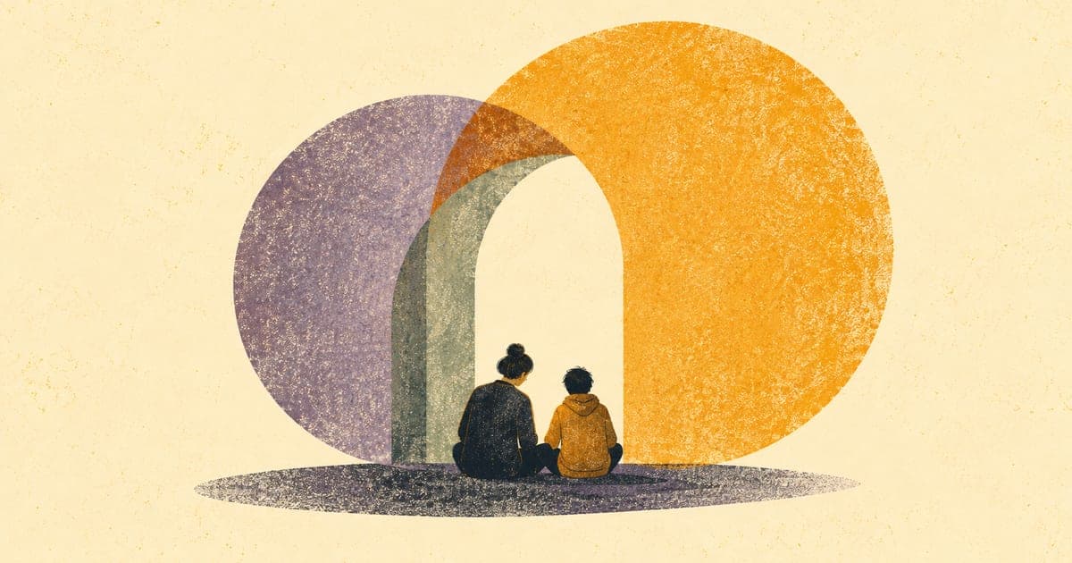 Clinician and young person sitting side by side in a therapy room, looking at a shared screen, Risograph editorial illustration in amber and charcoal on warm cream