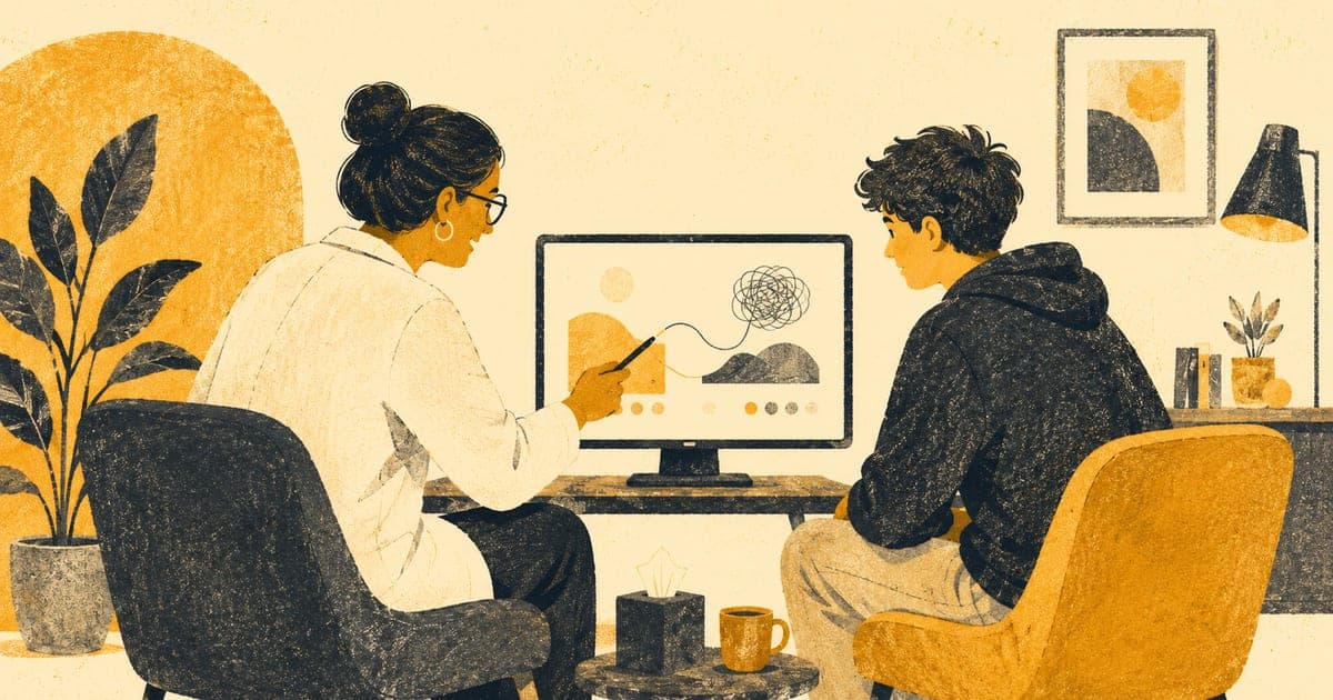 Clinician and young person sitting side by side in a therapy room, looking at a shared screen, Risograph editorial illustration in amber and charcoal on warm cream