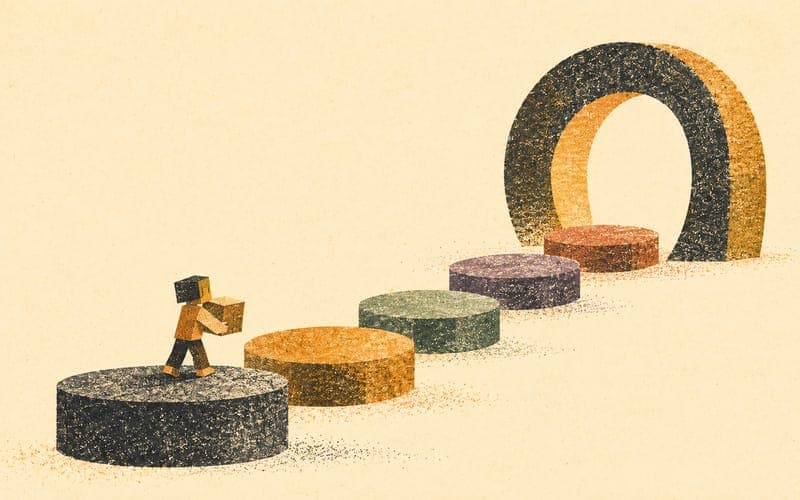 Abstract blocky world with two small figures building side by side, one handing resources to the other, Risograph editorial illustration in amber and charcoal on warm cream