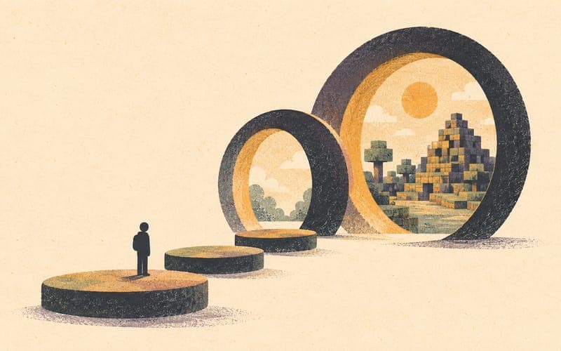 A therapy room desk with a large screen showing a blocky Minecraft-style build, two controllers, and warm ambient lighting, Risograph editorial illustration in charcoal and amber on cream