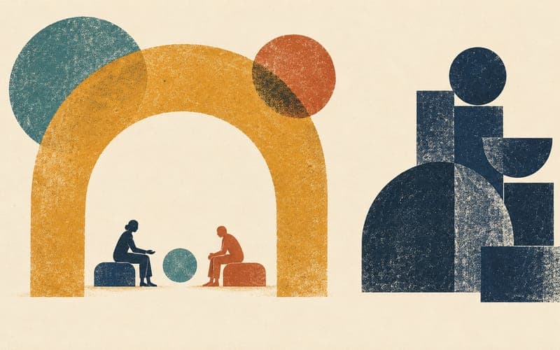 A clinician and participant inside a textured arch, separated from a cluster of blocks representing ordinary administration