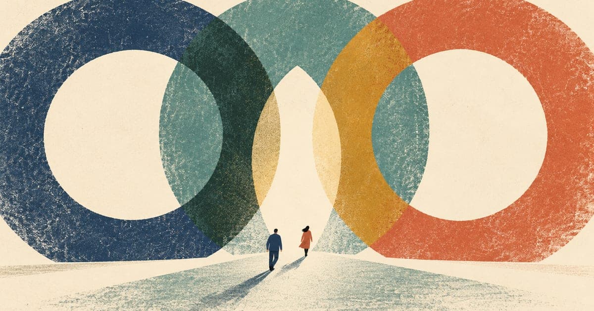 Two small figures approaching overlapping textured rings, illustrating alignment before claiming NDIS psychology supports