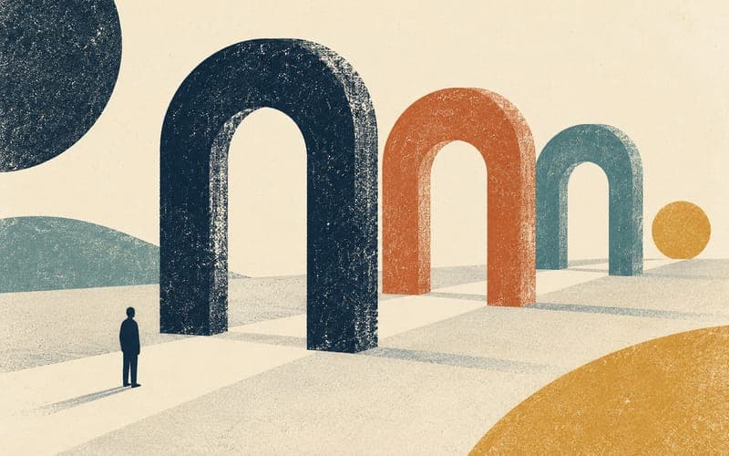 A small figure pausing before three textured arches, illustrating checks before submitting an invoice