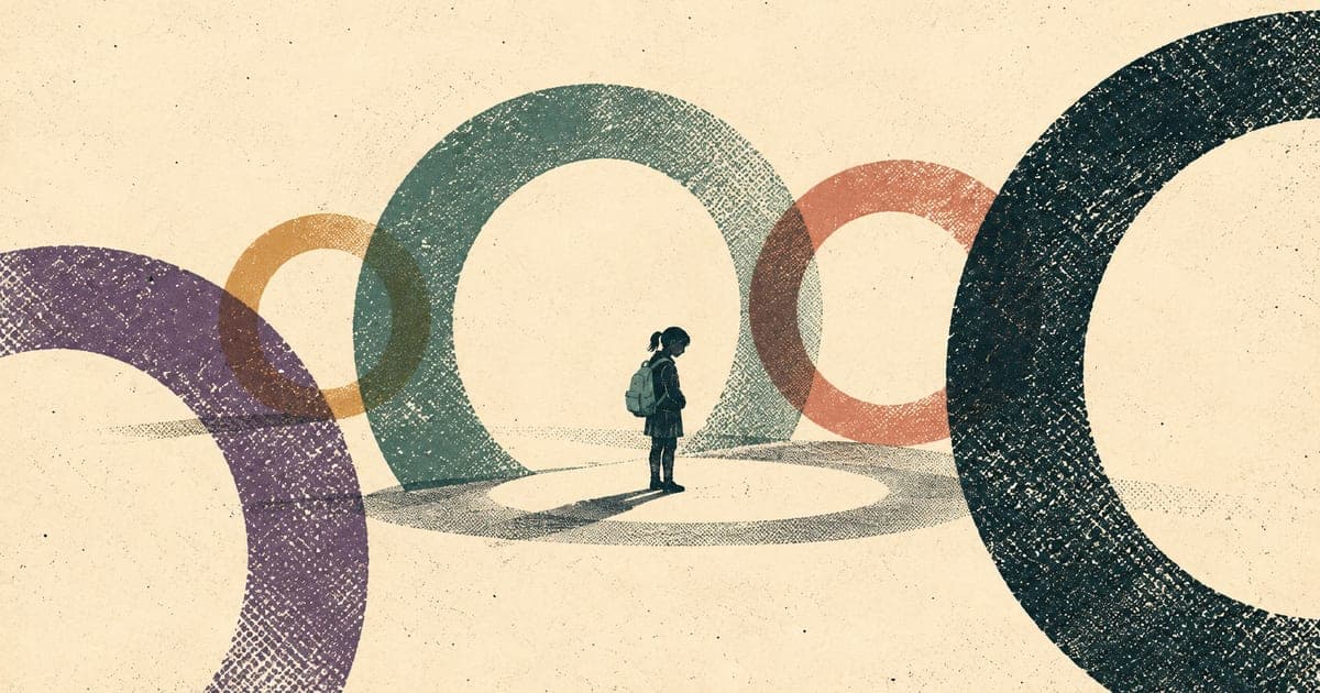 Abstract school social world rendered as chat bubbles, exclusion rings, screenshot shards, and emoji signals, Risograph editorial illustration in teal and charcoal on warm cream, 1