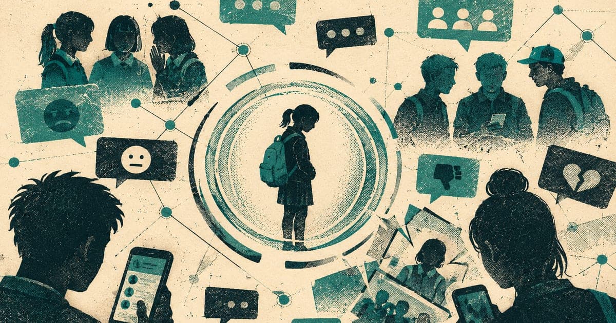 Abstract school social world rendered as chat bubbles, exclusion rings, screenshot shards, and emoji signals, Risograph editorial illustration in teal and charcoal on warm cream, 1