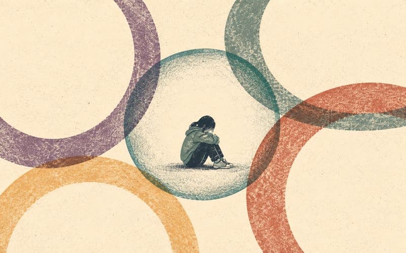 School social network shown as exclusion circles, screenshot fragments, fake profiles, and emoji-coded pressure around one isolated student, Risograph editorial illustration in teal and charcoal on warm cream, 16:10 landscape