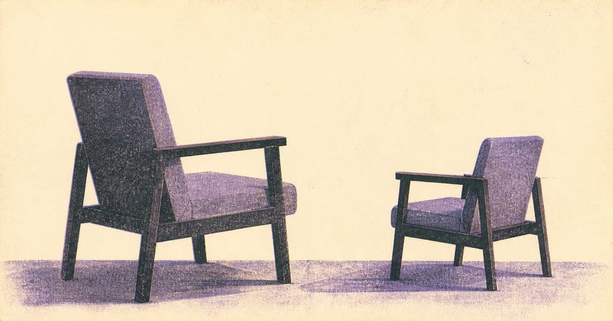 Two abstract figures facing each other across a shared space: a Risograph illustration representing the supervisory relationship