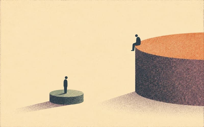 Two chairs facing each other at unequal heights, a Risograph illustration representing the structural power differential in supervision