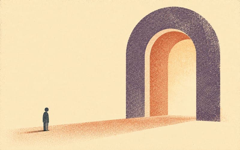 A figure at a distance from another, separated by a wide empty plane, representing power imbalance and disconnection in supervision