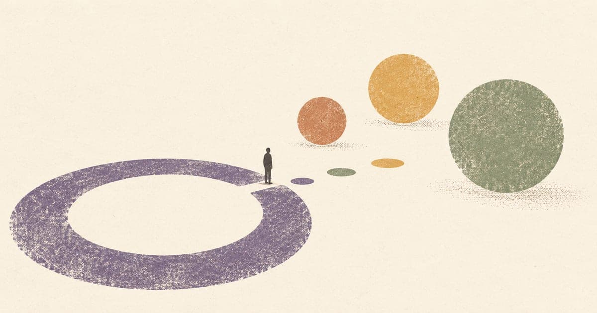 A tiny figure beside an open violet ring with differently sized sage and amber circles beyond it