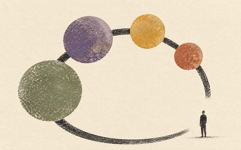 A tiny figure beside an open charcoal arc holding differently sized circles, leaving room for uncertainty