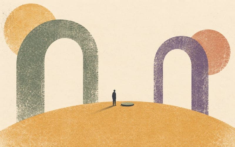 A tiny figure between two differently sized open arches on a shared amber arc