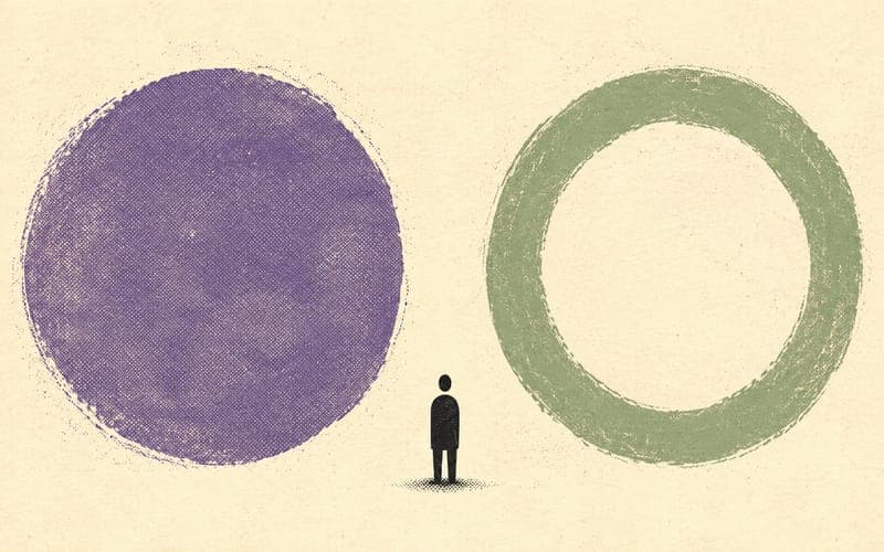 A small figure standing between a familiar circle and a separate pathway, representing the gap between knowing and using a coping skill