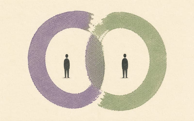 Two small figures separated by an incomplete ring that begins to reconnect, representing therapeutic rupture and repair