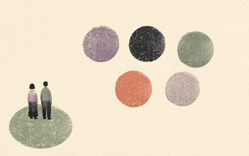 Two tiny figures standing beside a sequence of varied circles, representing a shared review of outcomes rather than one imposed definition of success