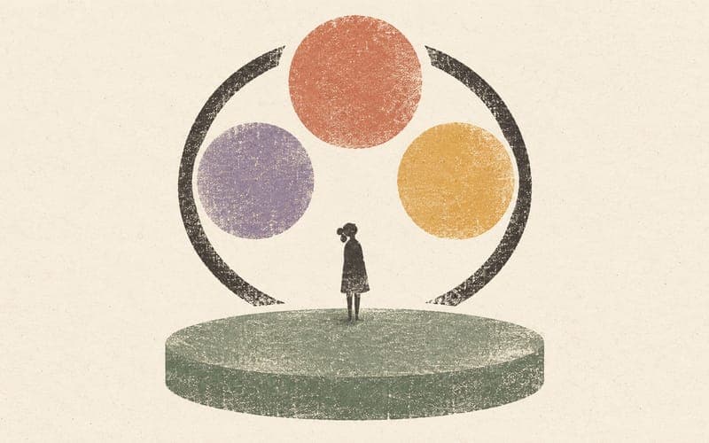 A small figure on a sage foundation beside three circles contained within a broad open ring.