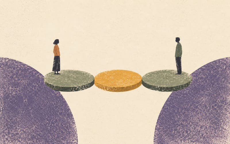 Two small figures connected by shared stepping stones between violet semicircles.