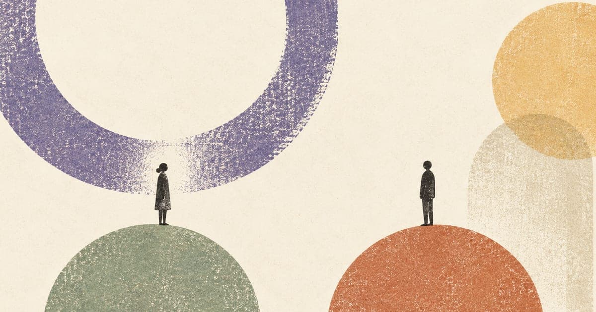 Two small figures on equal-sized circles beneath an open violet ring, representing a respectful conversation about experience and fit.