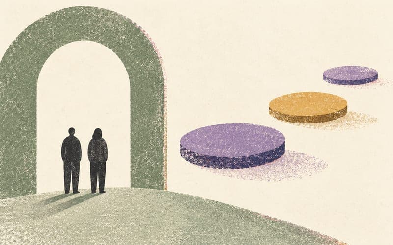 Two figures beneath an open sage arch look towards spaced circular stepping stones.