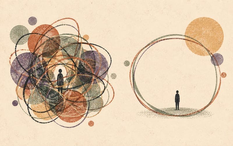 A split illustration contrasting tangled enmeshment with two people maintaining clear flexible boundaries.