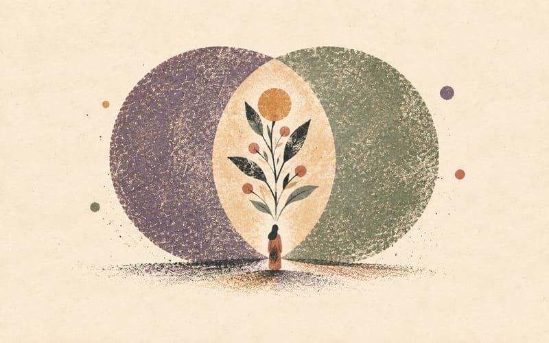 Two distinct people supporting a shared growing plant, representing mutualism and belonging without self-erasure.