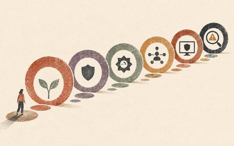 Calm triage flow with evidence icons moving toward platform reporting, eSafety, police, ACCCE, ReportCyber, and Scamwatch, Risograph editorial illustration in rust red and charcoal on warm cream, 16:10 landscape