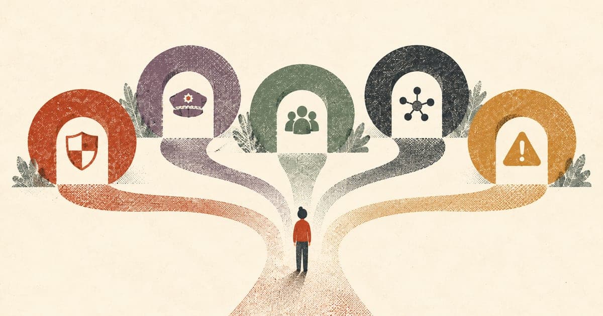 Decision map with reporting pathways branching toward eSafety, police, ACCCE, ReportCyber, and Scamwatch, Risograph editorial illustration in rust red and charcoal on warm cream, 1