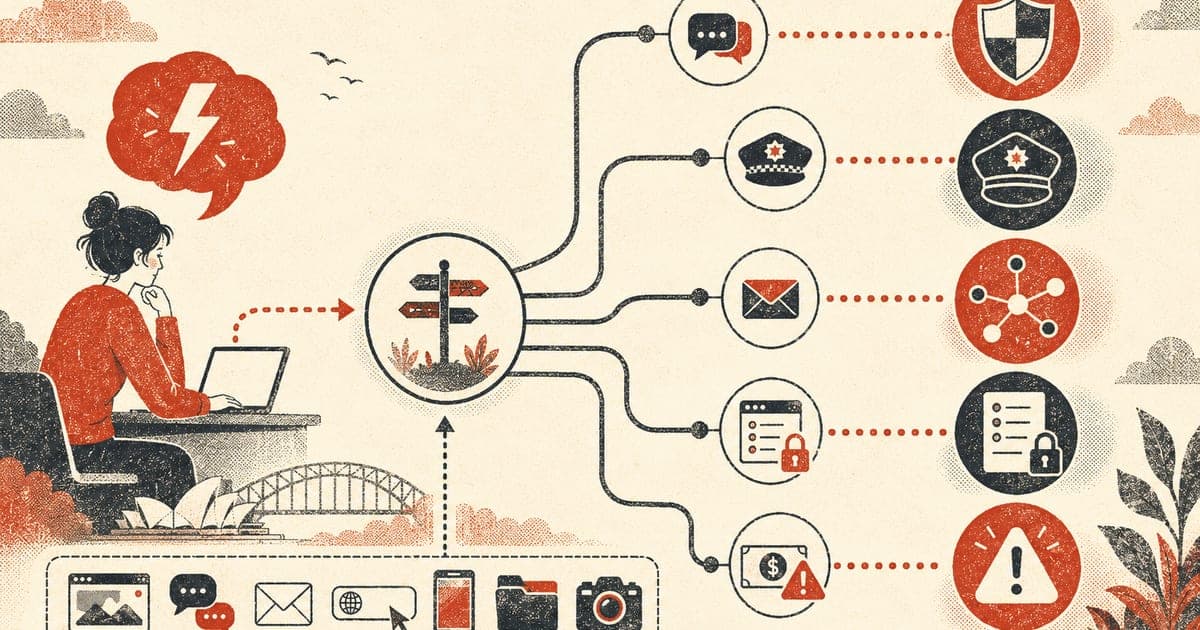 Decision map with reporting pathways branching toward eSafety, police, ACCCE, ReportCyber, and Scamwatch, Risograph editorial illustration in rust red and charcoal on warm cream, 1