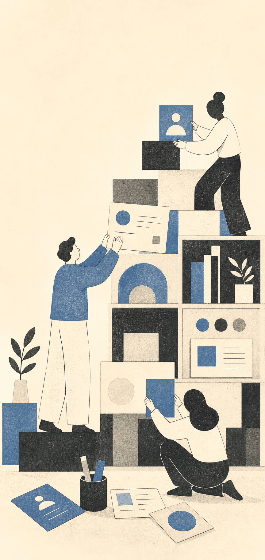 Small faceless team assembling marketplace blocks, cards, and product pieces in a Risograph-style editorial illustration.