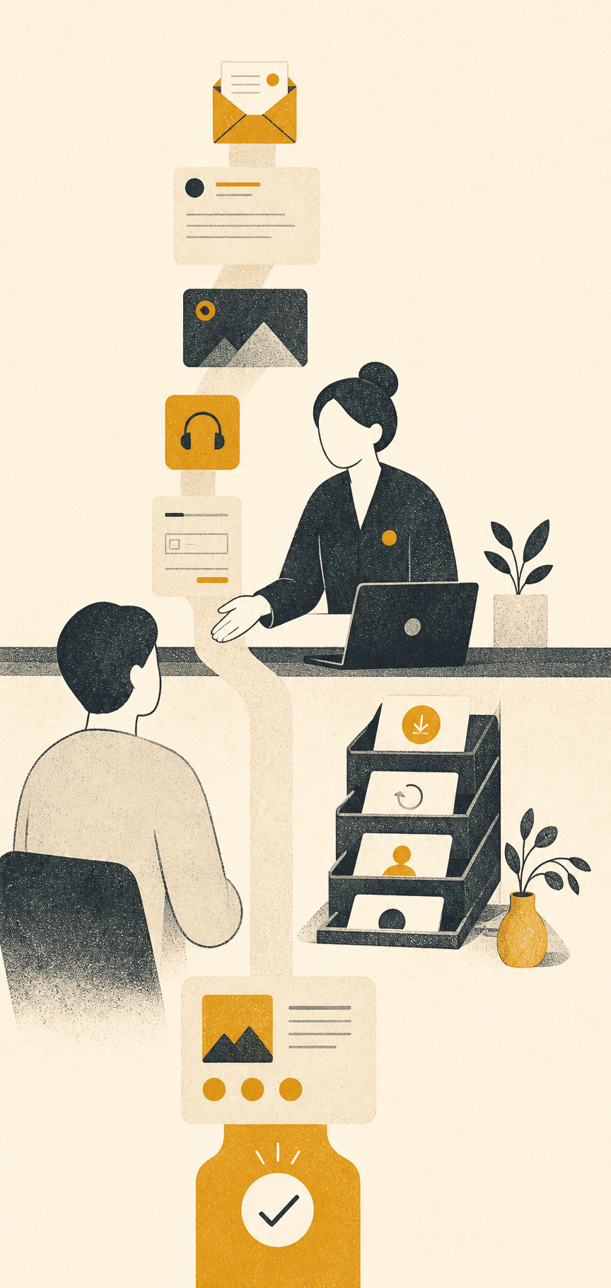 Faceless support figure helping a marketplace user through messages, forms, and downloads in a Risograph-style editorial illustration.