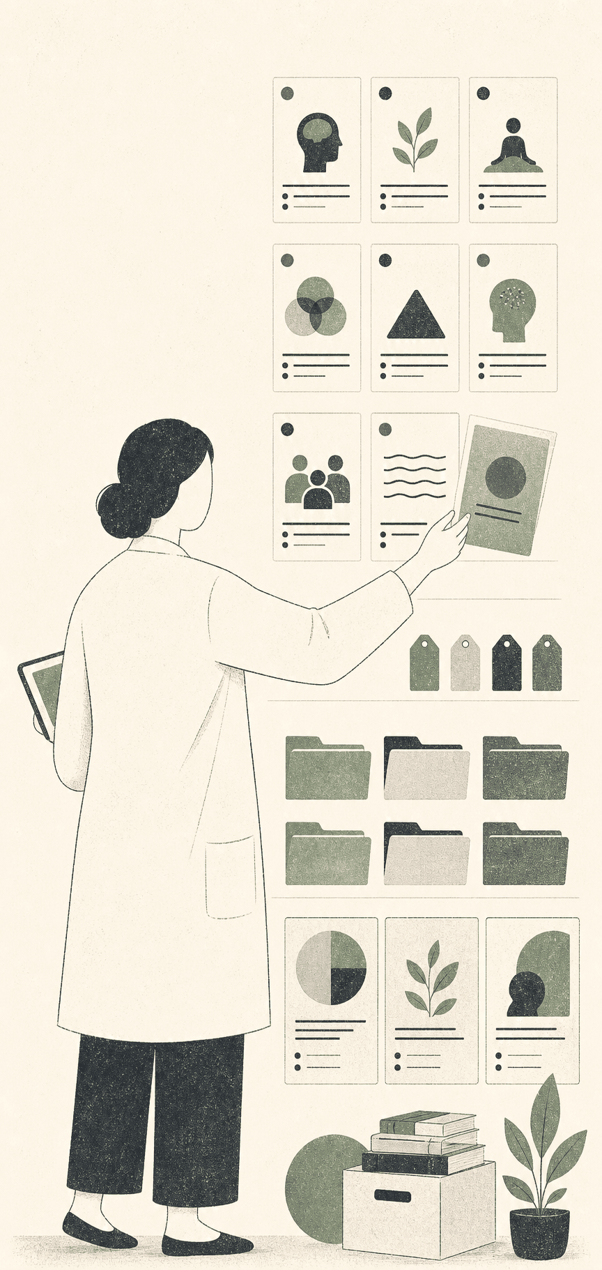 Faceless clinician comparing resource cards, folders, and tags in a calm Risograph-style editorial illustration.